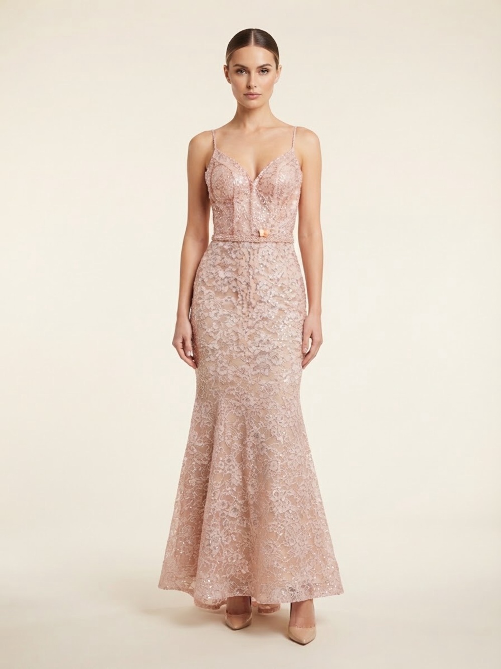Mon Cheri Blush Pink Lace Mermaid Prom Dress